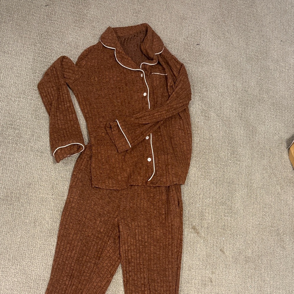 Matching PJ set. Ribbed Brown Cardigan with White Piping. Holiday Pajamas